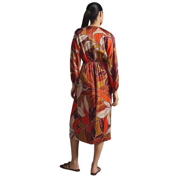 Anthropologie Floral Printed Satin Long Sleeve Wrap Midi Dress Size Small - Picture 2 of 11